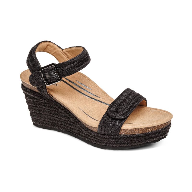 Sandali con Zeppa Aetrex Sydney Quarter Cinturino Espadrillas Donna Nere | VVT3329YL