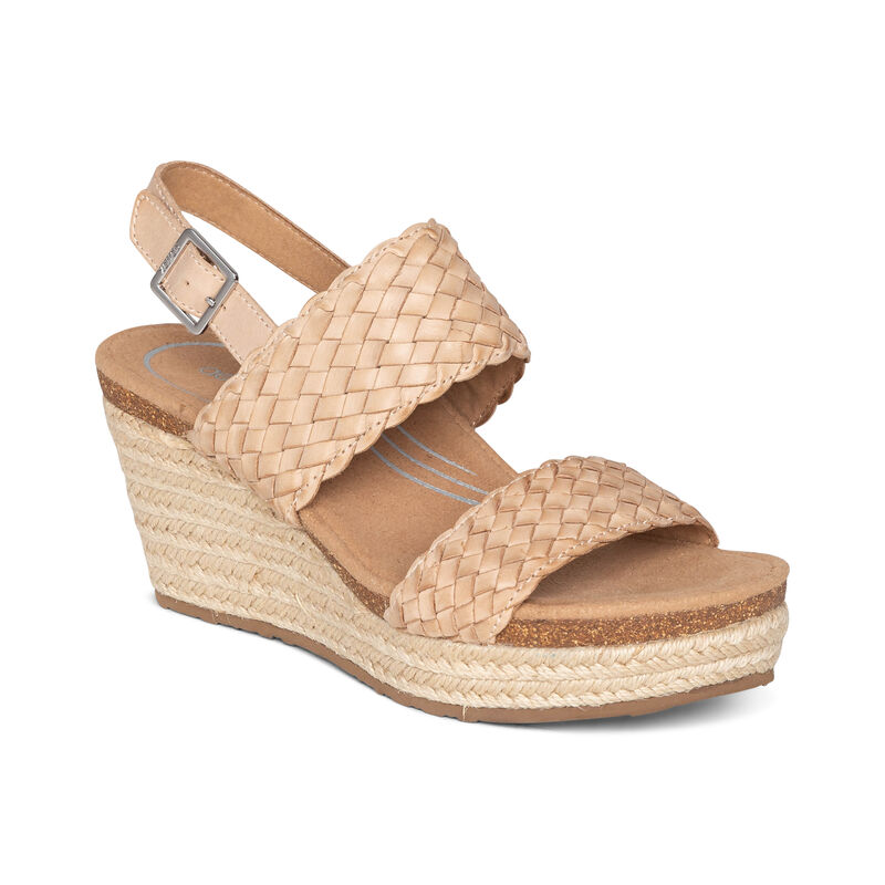 Sandali con Zeppa Aetrex Summer Woven Quarter Cinturino Donna Beige | UXZ1169AI